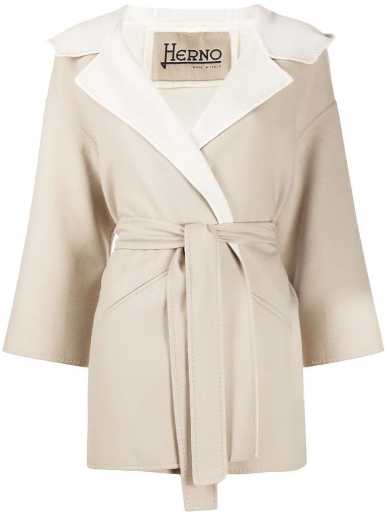 belted hooded wrap coat