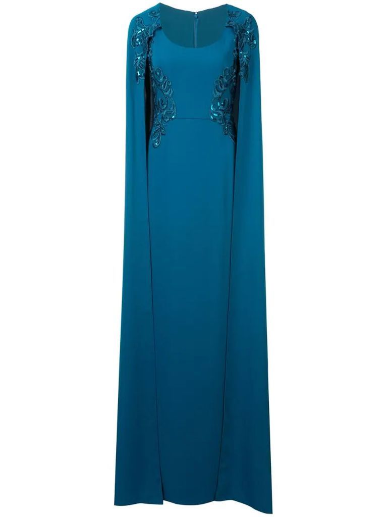 cape-effect embroidered gown