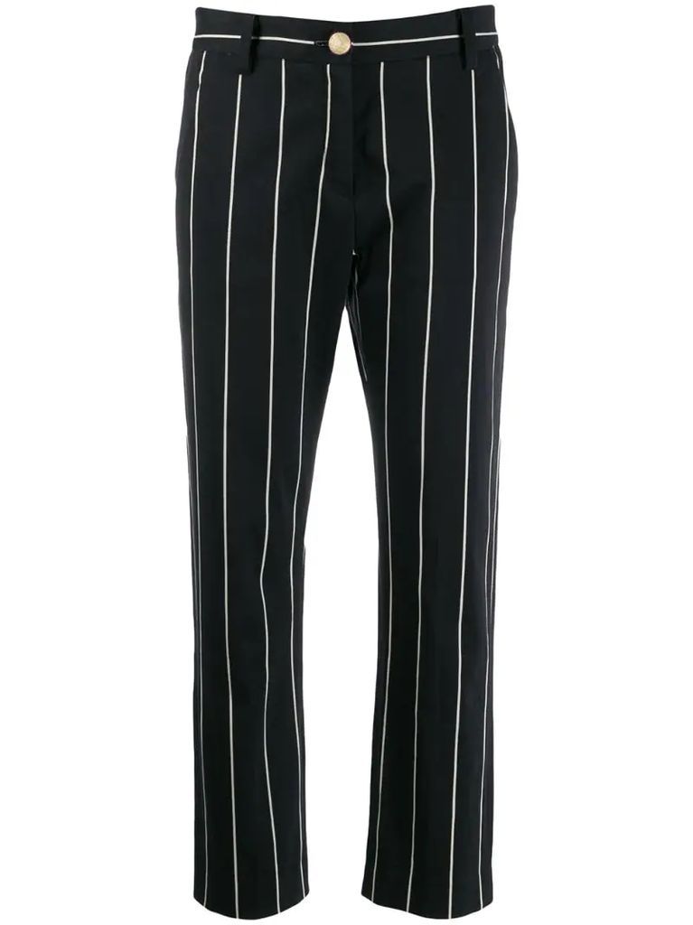Cropped Cotton Sateen Striped Straight Leg Trouser