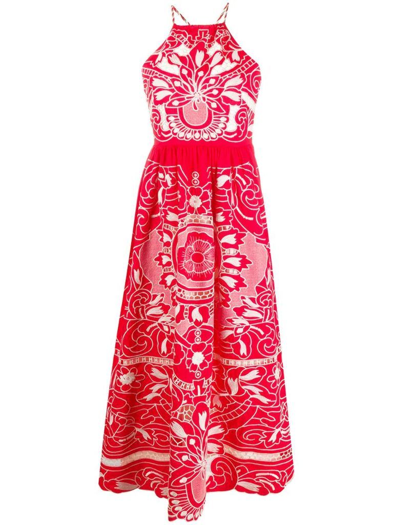halter-neck embroidered flared dress
