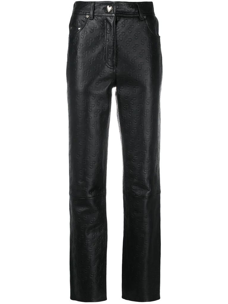 leather logo embossed trousers
