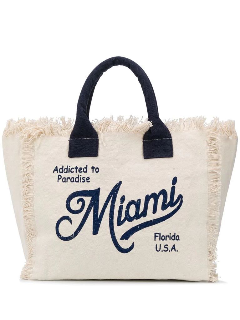 slogan print frayed beach bag