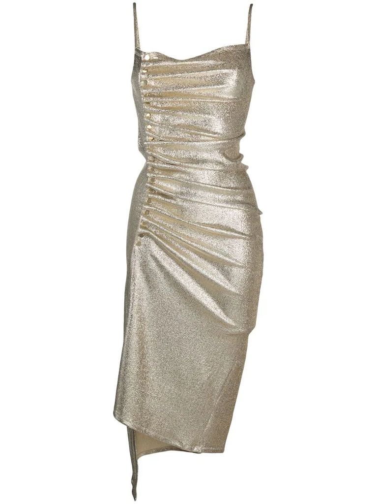 metallic pleated dress with side-button ruched detail