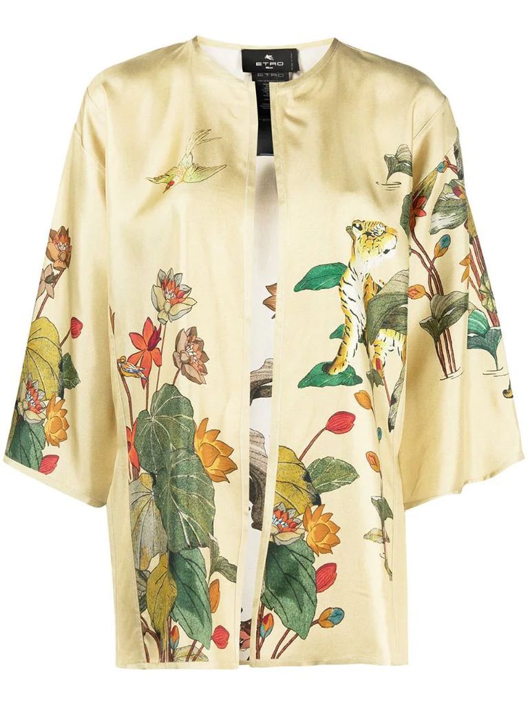 tiger and water lily-print silk top