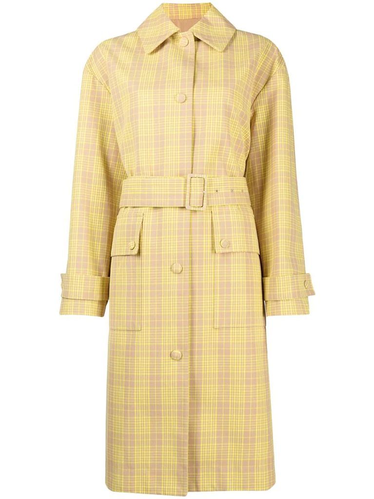 plaid-pattern belted coat