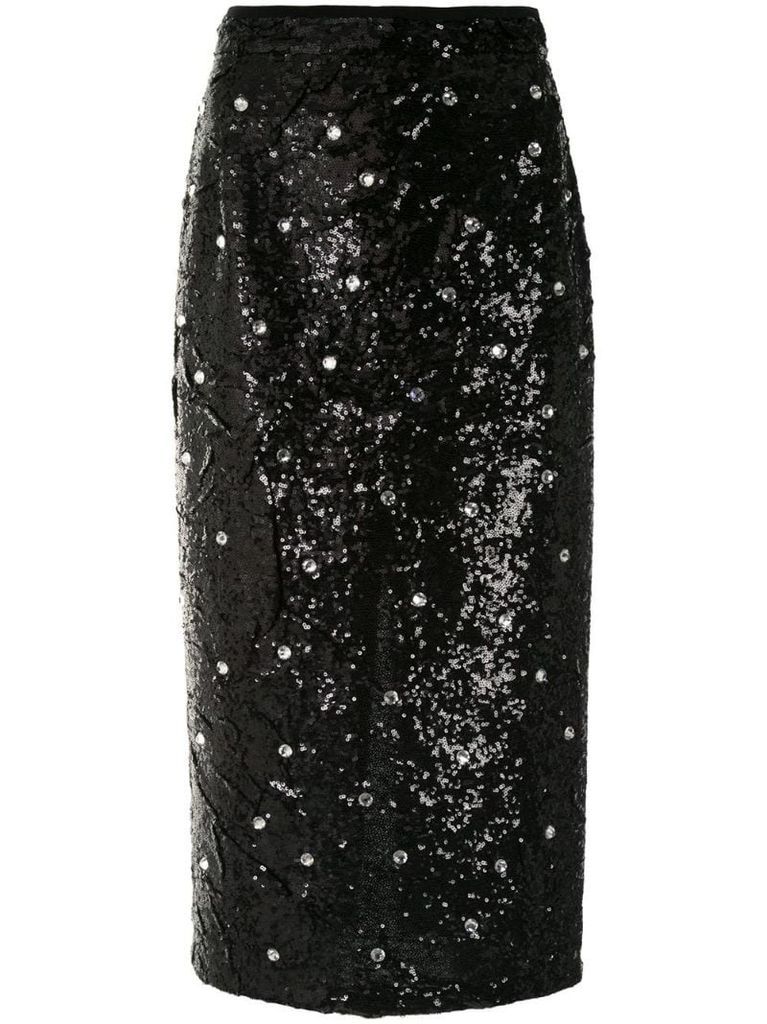Crystal-Embellished Sequin Pencil Skirt