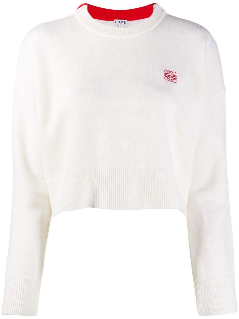 wool cropped jumper with logo embroidery
