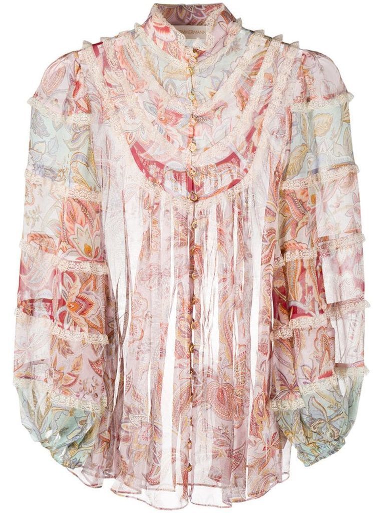 ruffled floral silk shirt