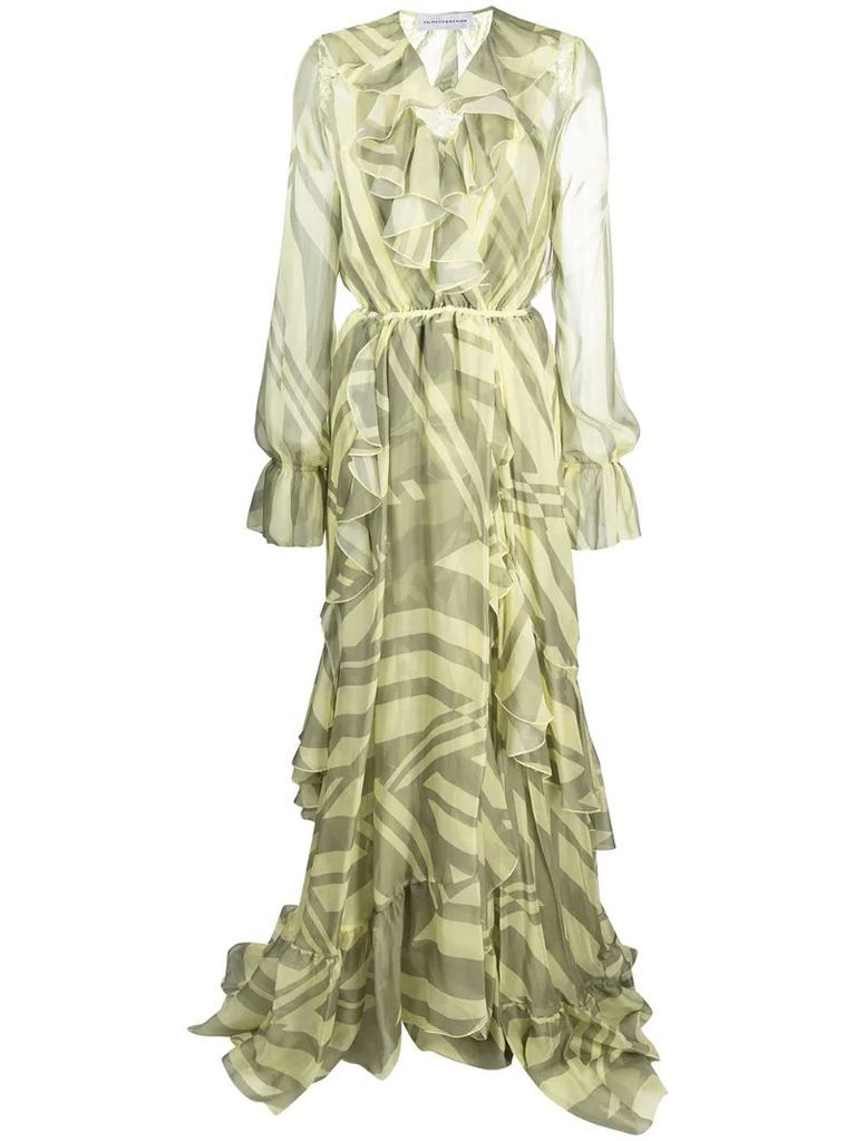 silk print ruffle-wrap dress