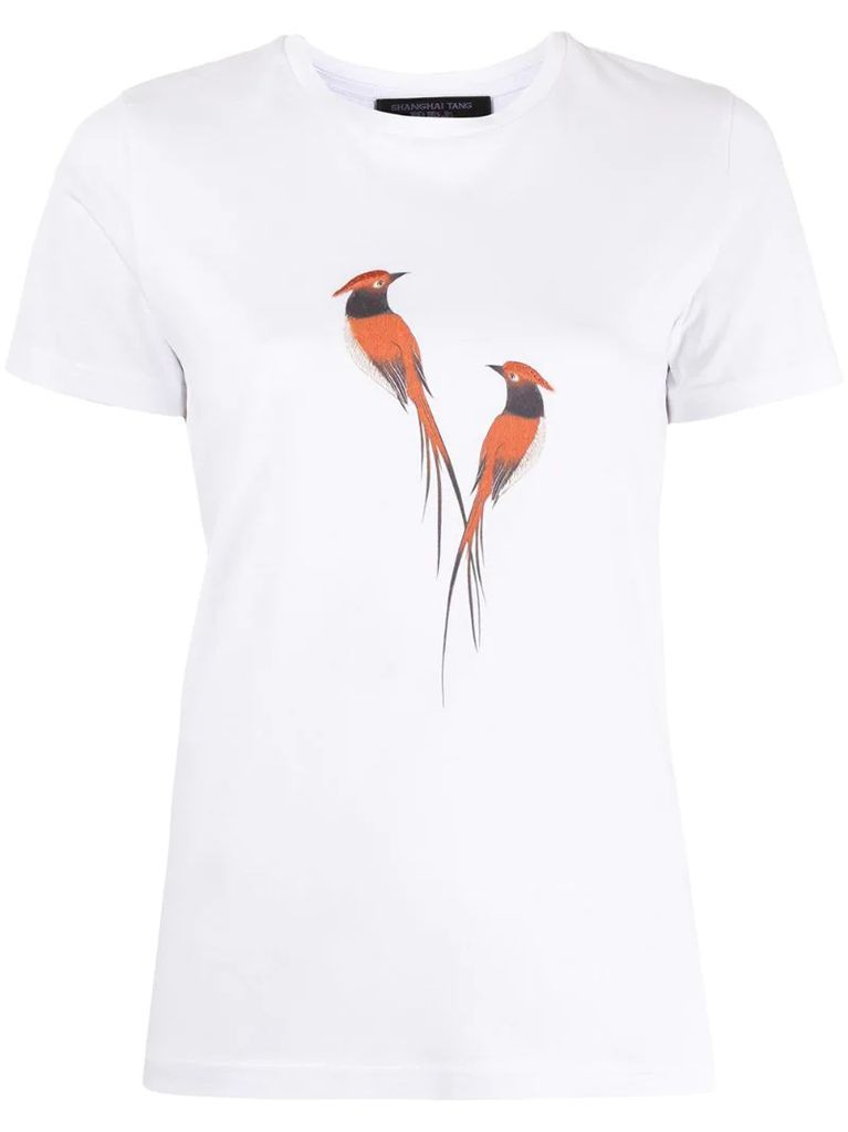 embroidered bird print cotton T-shirt