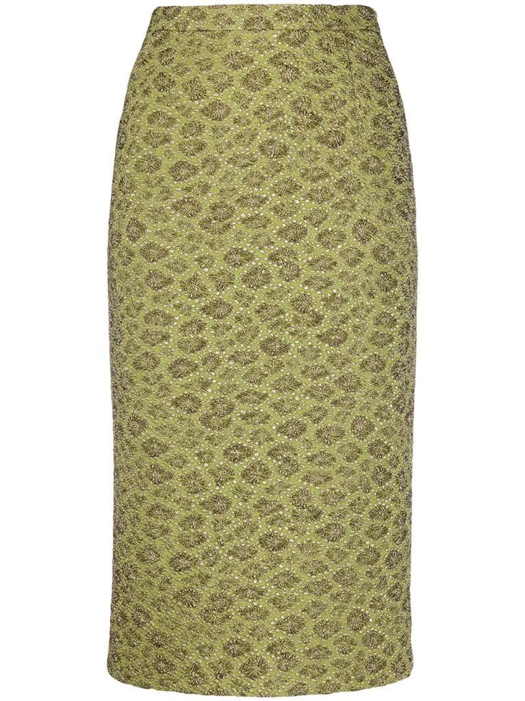 metallic floral embroidered pencil skirt