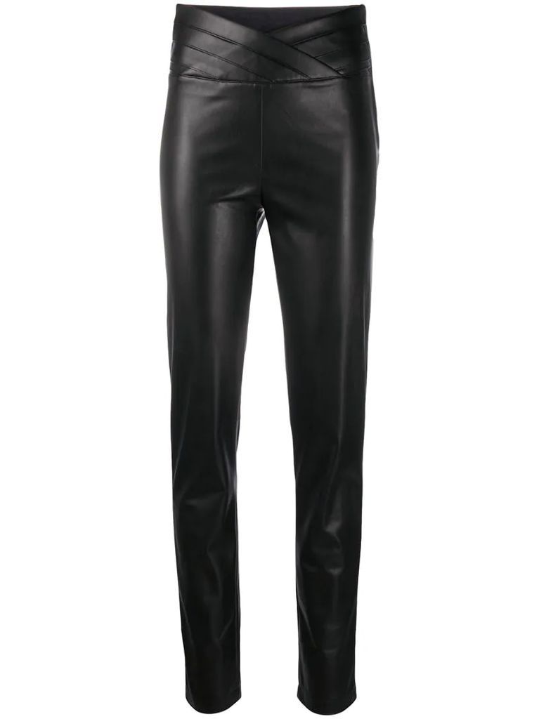faux leather slim fit trousers with wrap waist