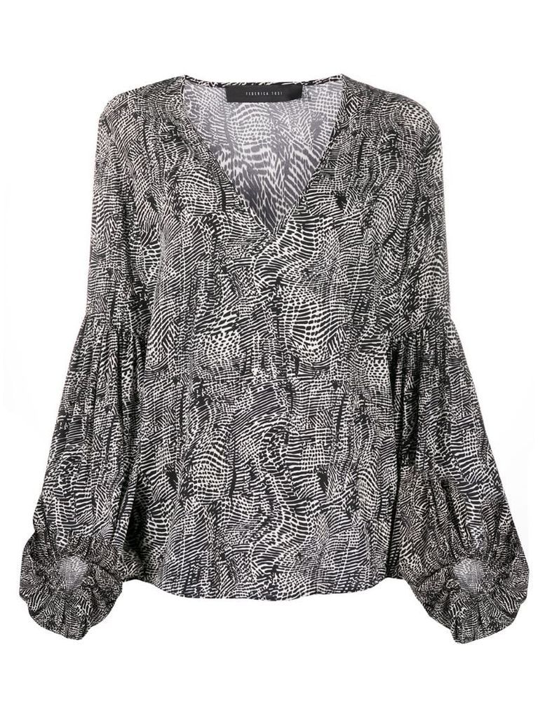 puff sleeves printed V-neck blouse