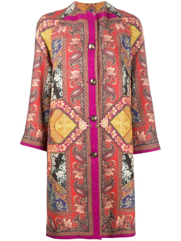 patchwork print tweed coat