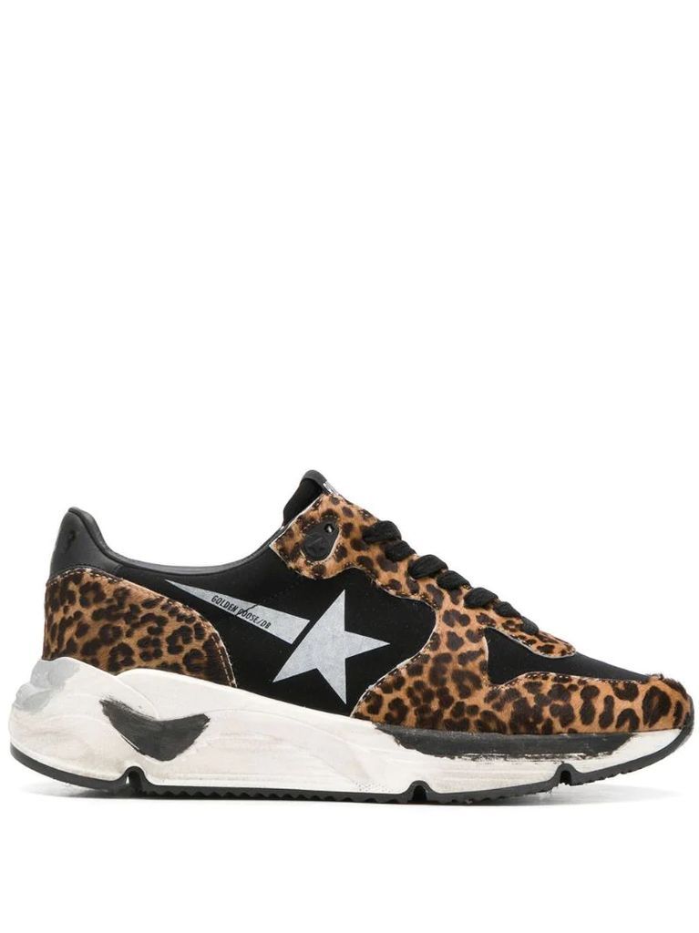 black Running Sole leopard print low-top leather sneakers