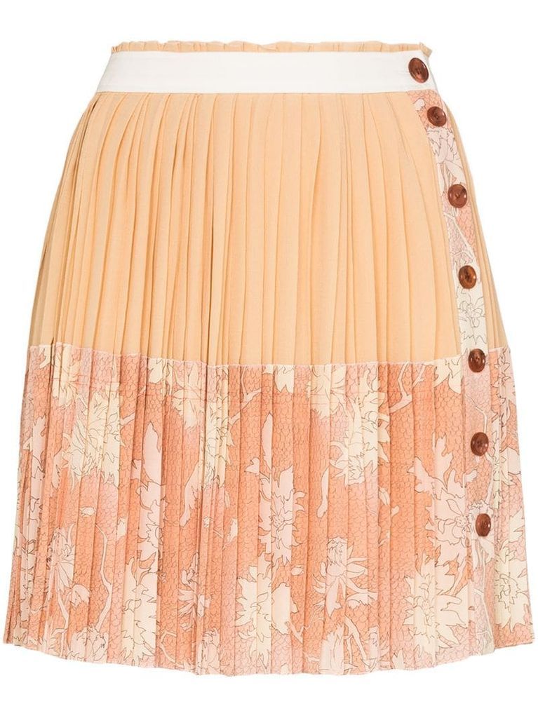 pleated floral-print silk mini skirt