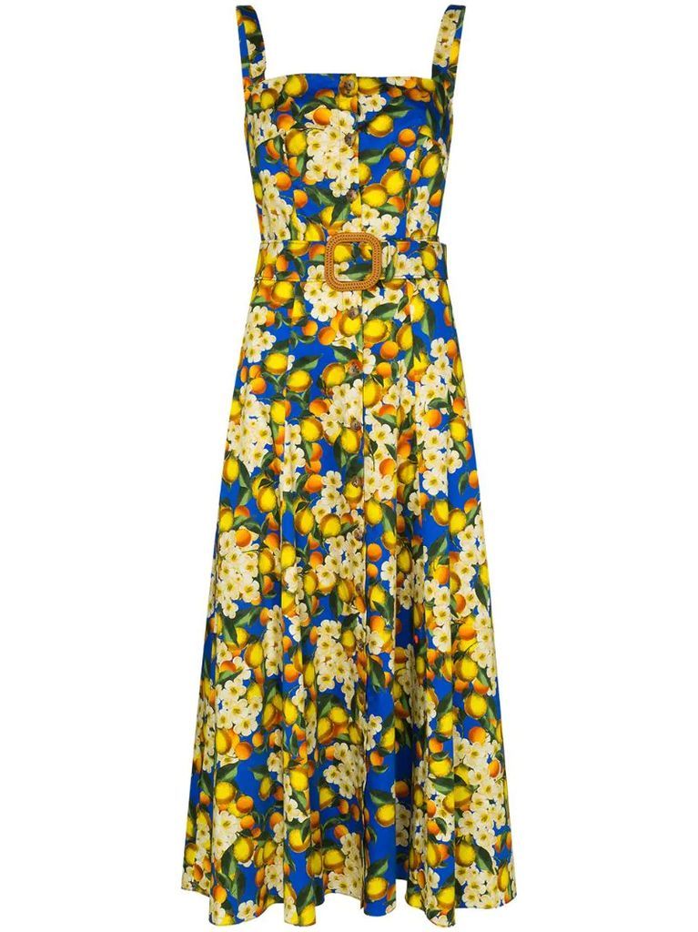 Camilla belted lemon-print dress