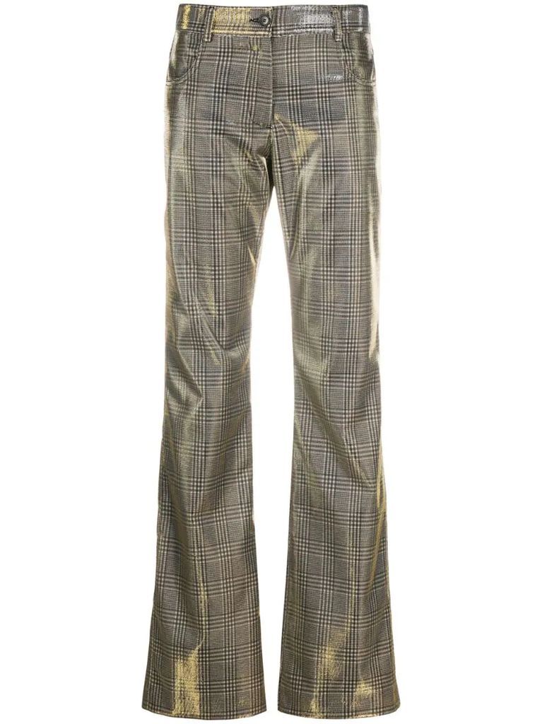 checked lamé flared trousers
