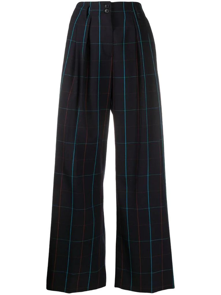 grid-pattern wide trousers