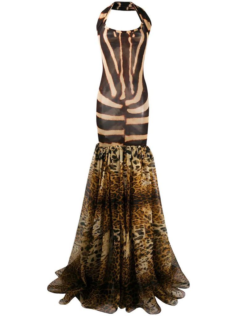 1990s animalier print flared gown