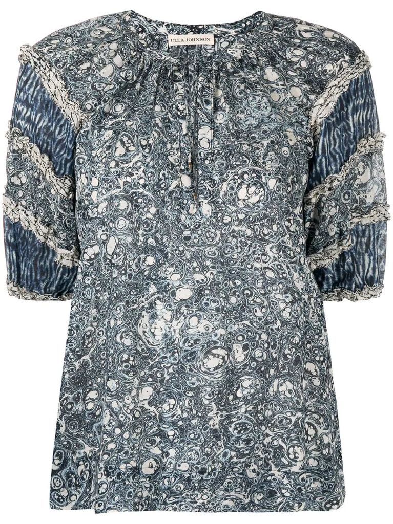 AIko marble-print ruffled blouse