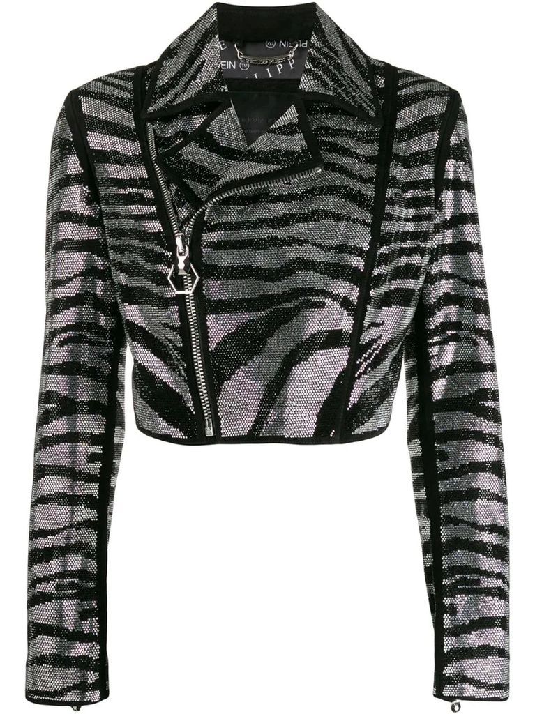 zebra-pattern crystal biker jacket