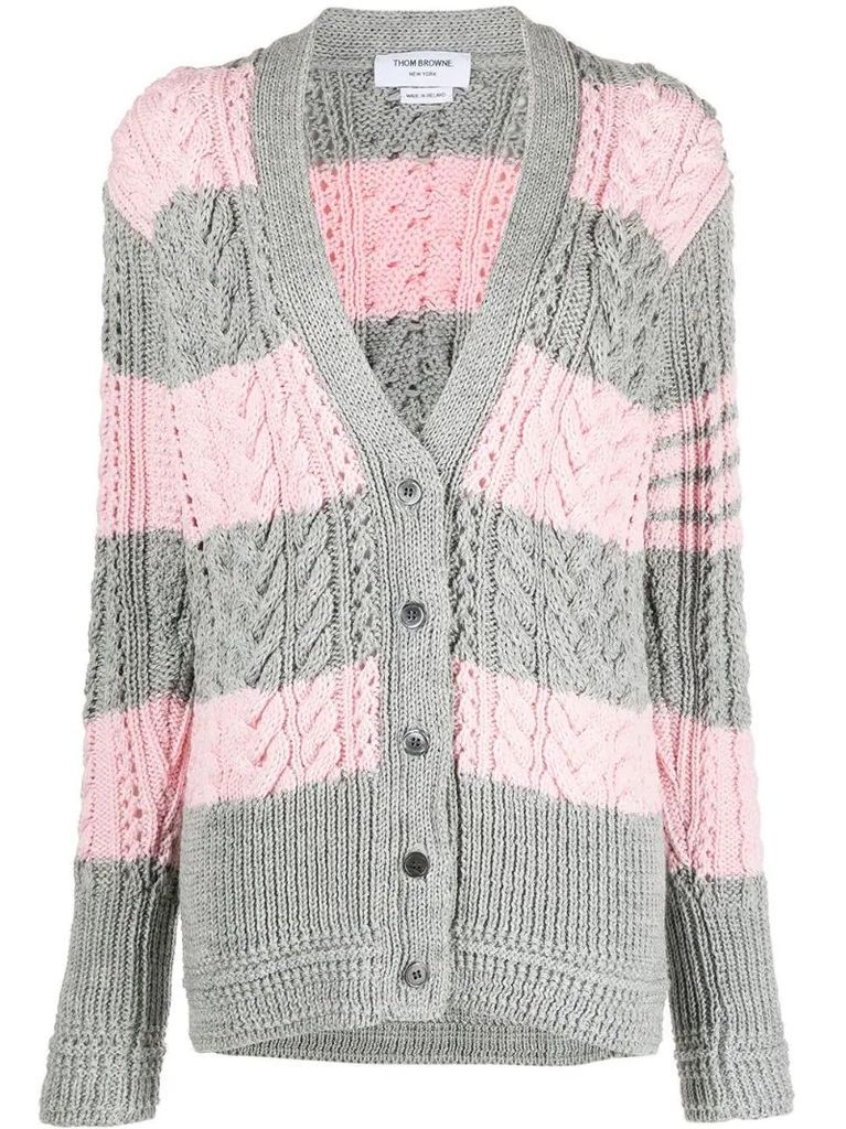 ARAN CABLE RELAXED V NECK CARDIGAN W/ 4 BAR IN FINE MERINO WOOL