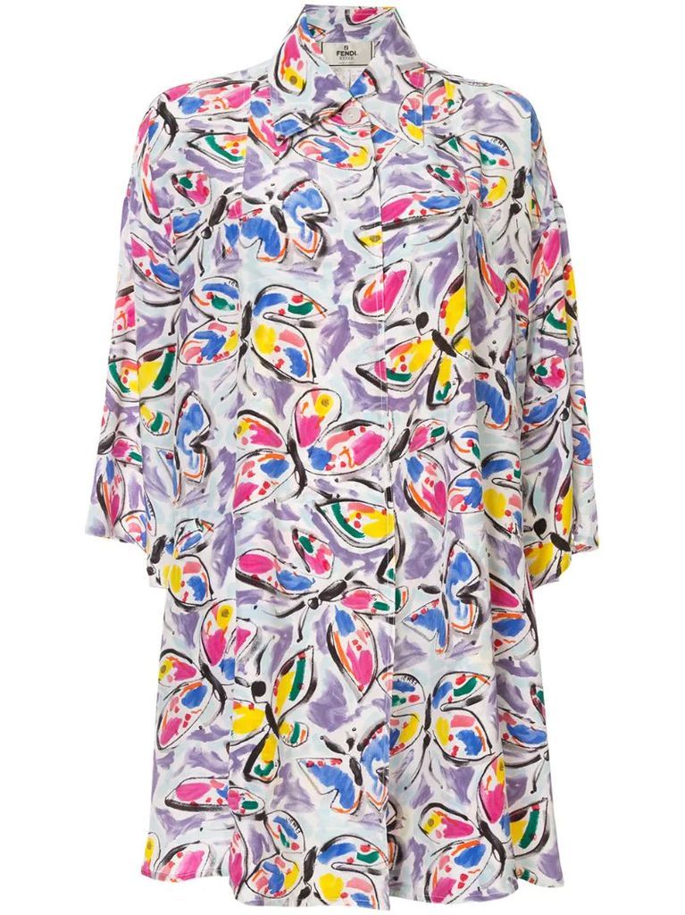silk butterfly print shirt dress
