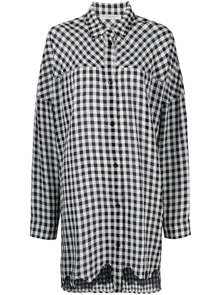 lace-trimmed gingham shirt dress