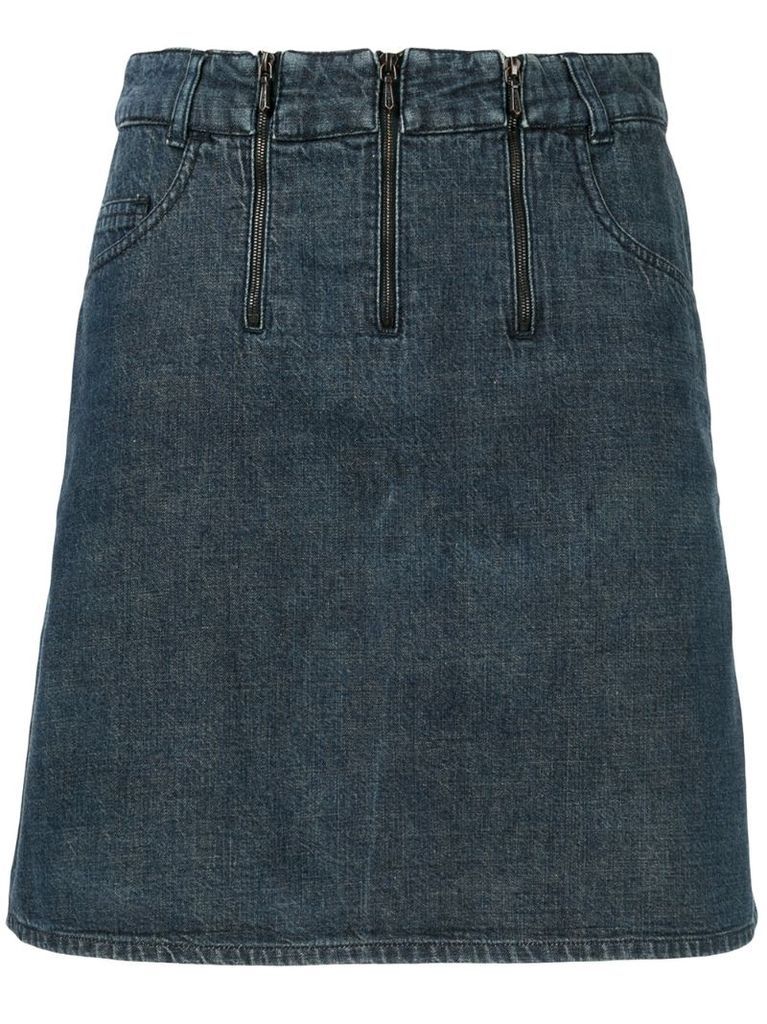 triple-zipper straight denim skirt