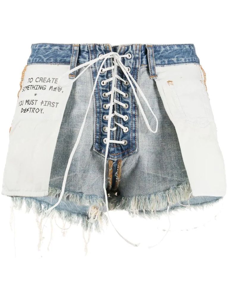 distressed reverse laceup shorts