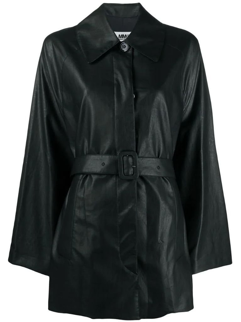 belted faux leather coat