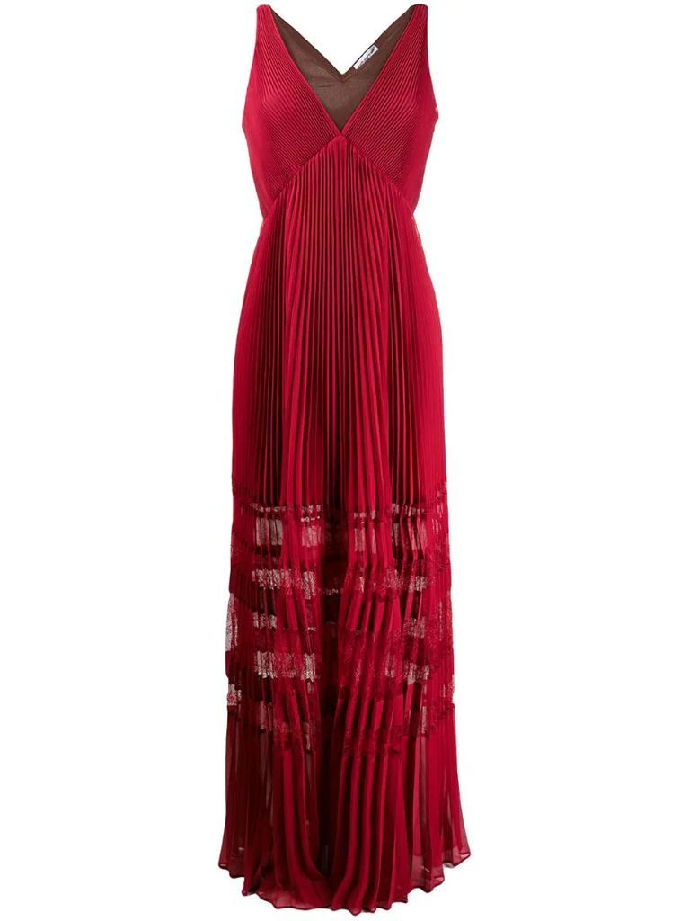 lace-insert pleated maxi dress