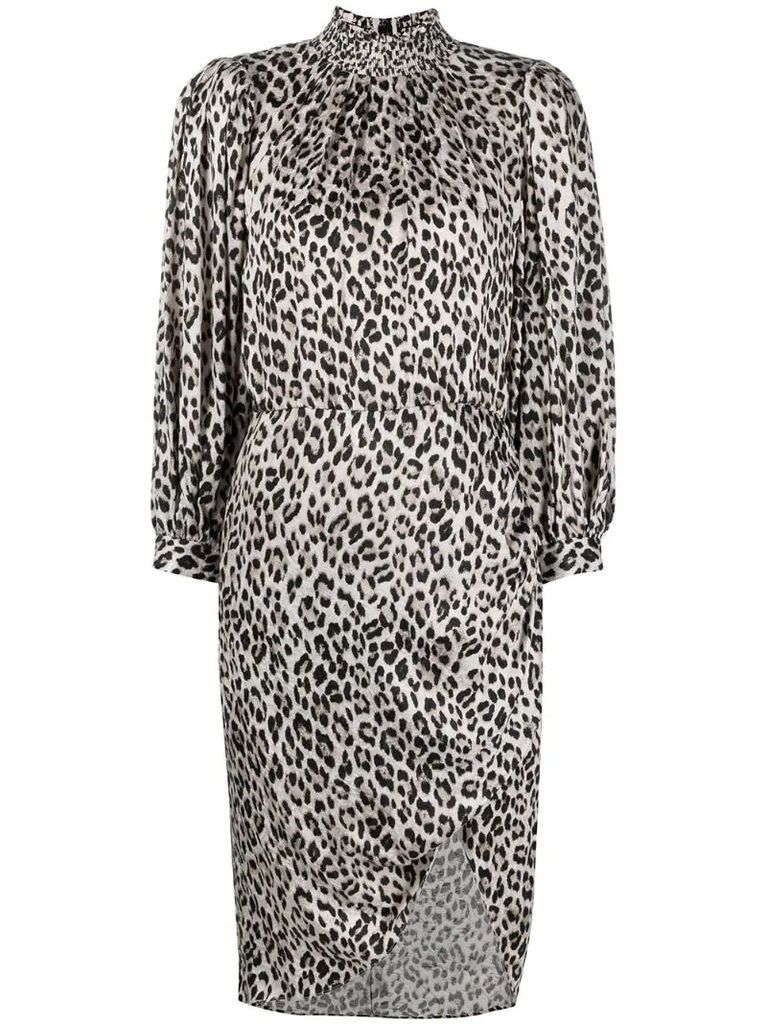 leopard-print draped-sleeve midi dress