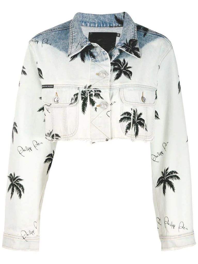 Paradise print cropped denim jacket