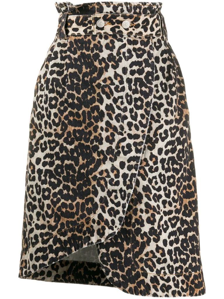 leopard print asymmetric denim skirt