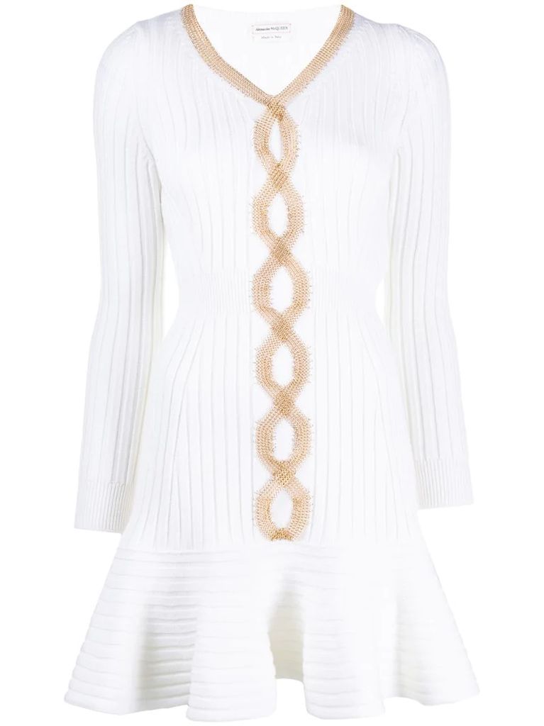 mesh-chain embellished knitted dress