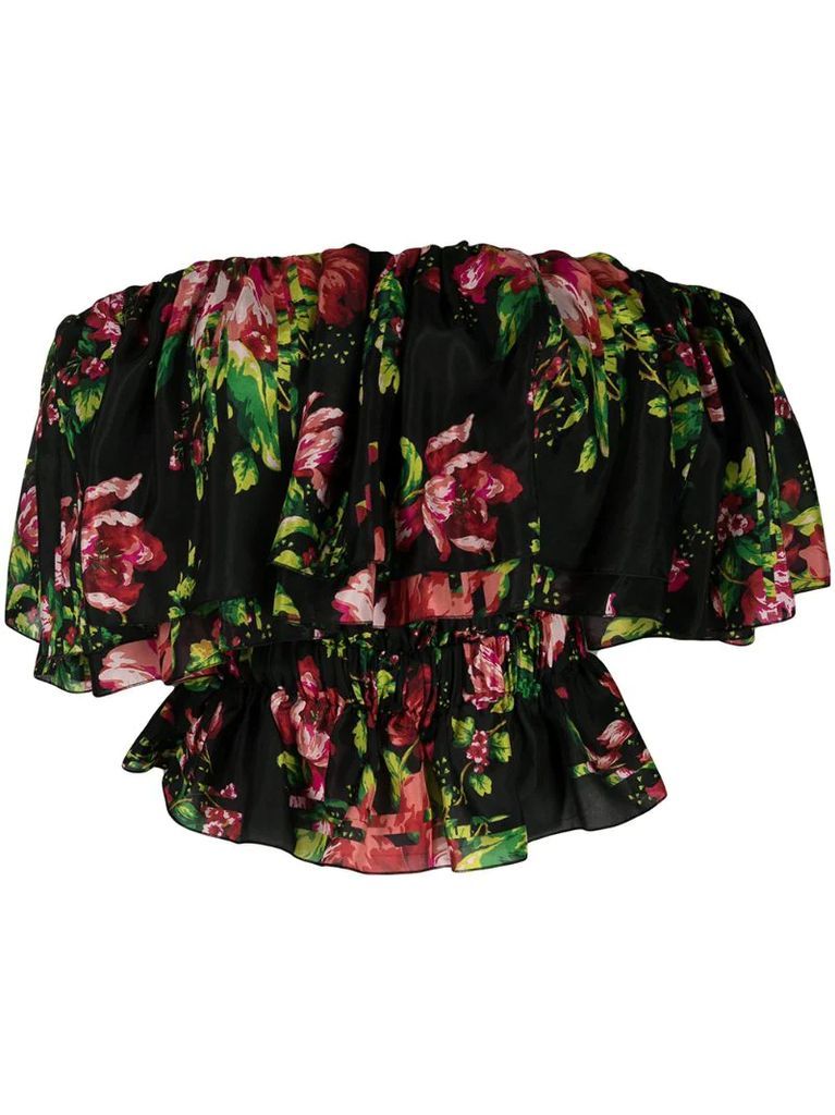 floral-print ruffled strapless blouse