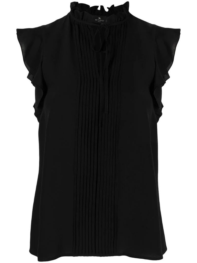 pleated bib sleeveless silk blouse