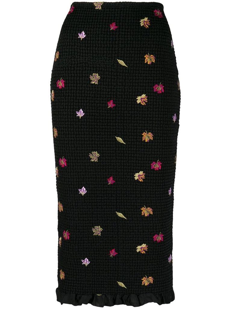 embroidered-leaves mid-length skirt