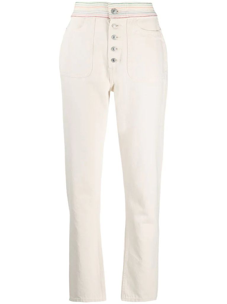 high-waisted contrast stitching jeans