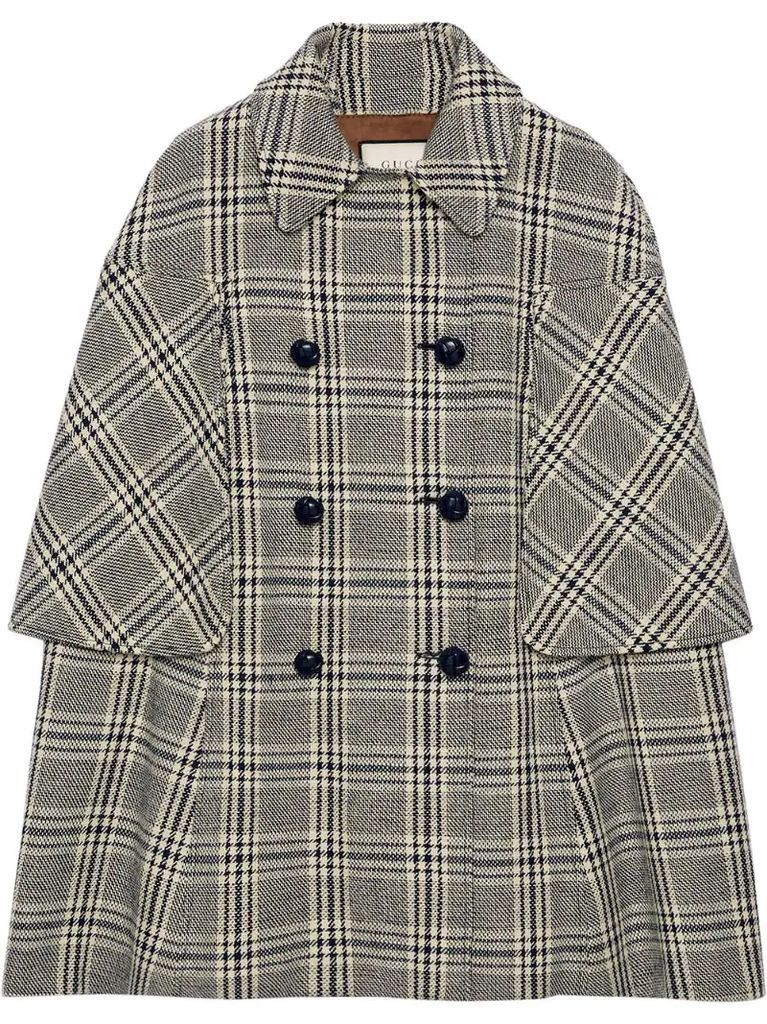 checkered double-breasted cape coat