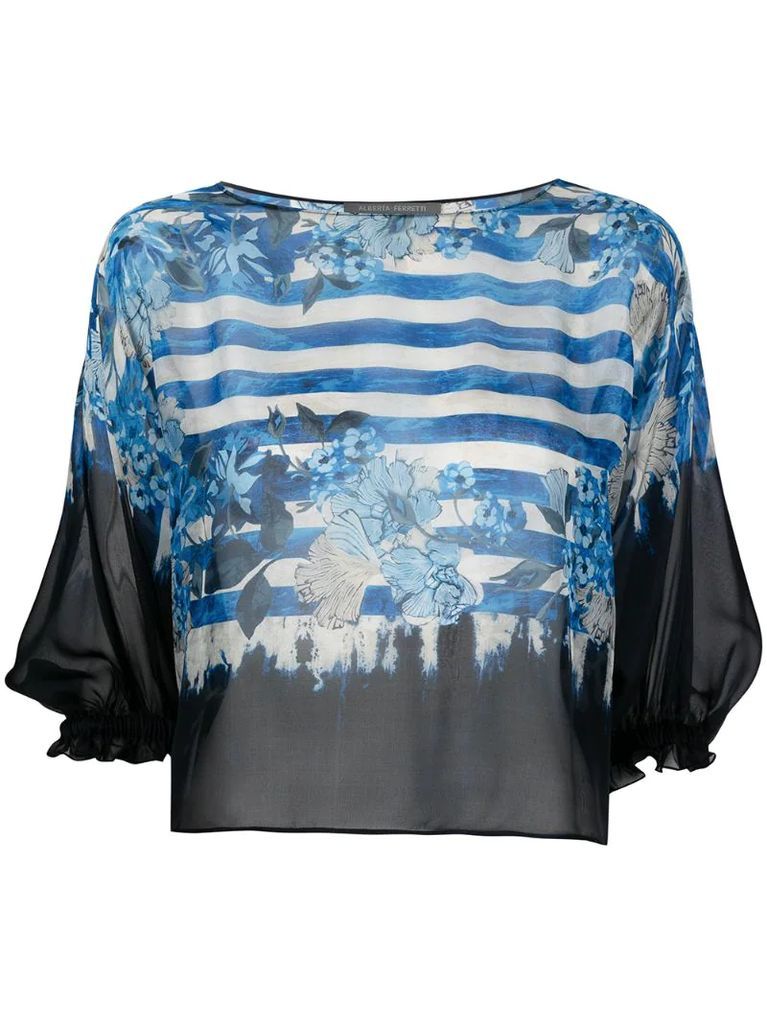 stripe-print floral silk blouse