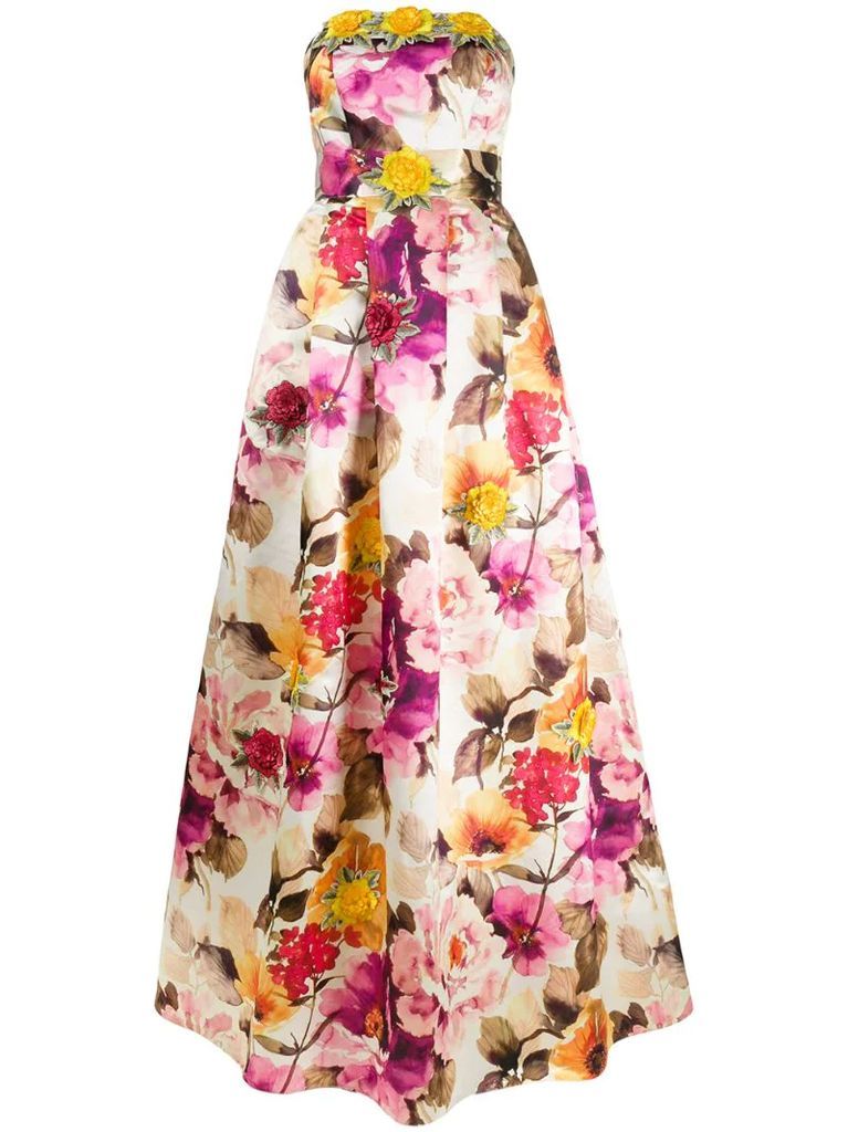 floral print strapless gown