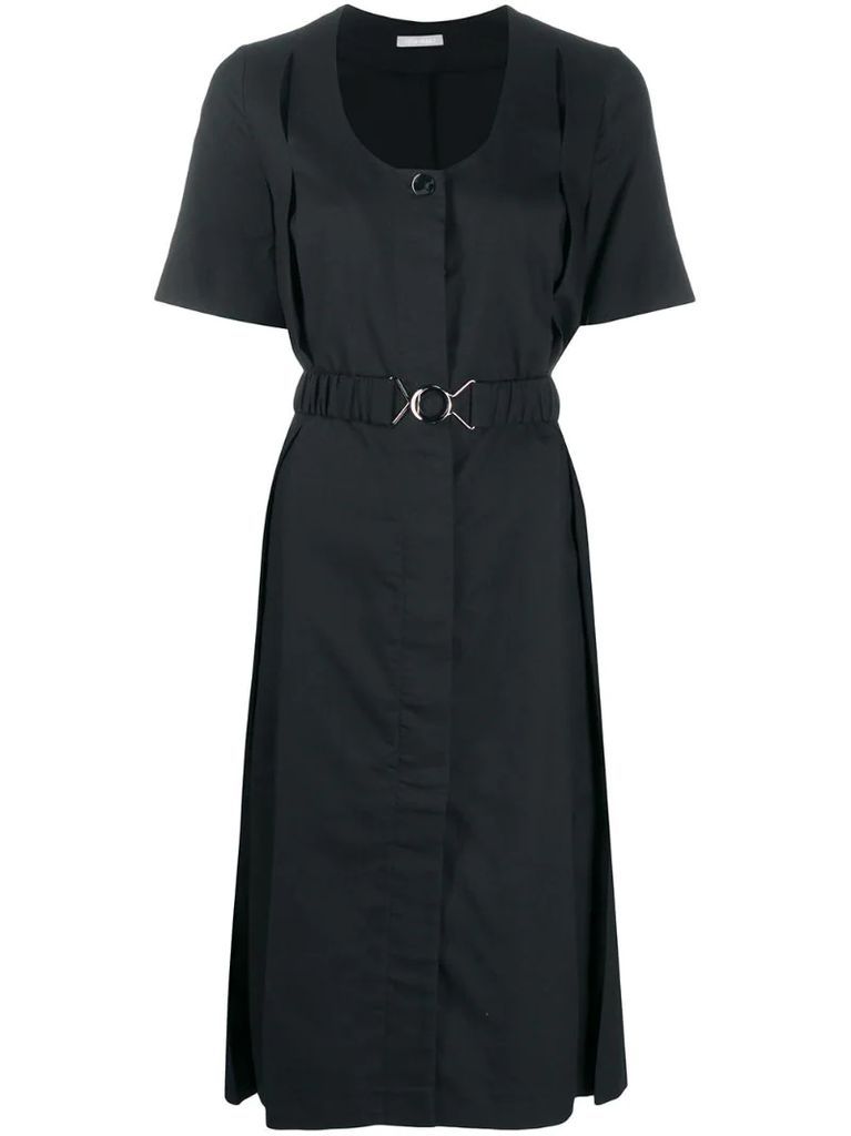 belted front button midi dress