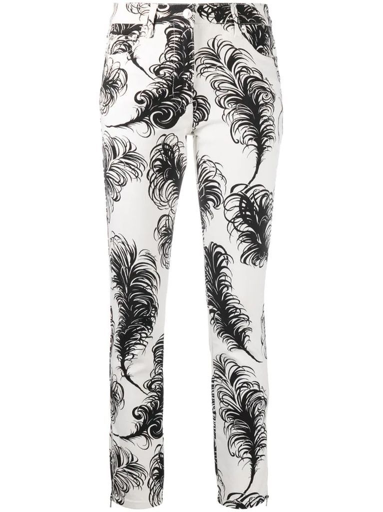 feather print high-waisted trousers