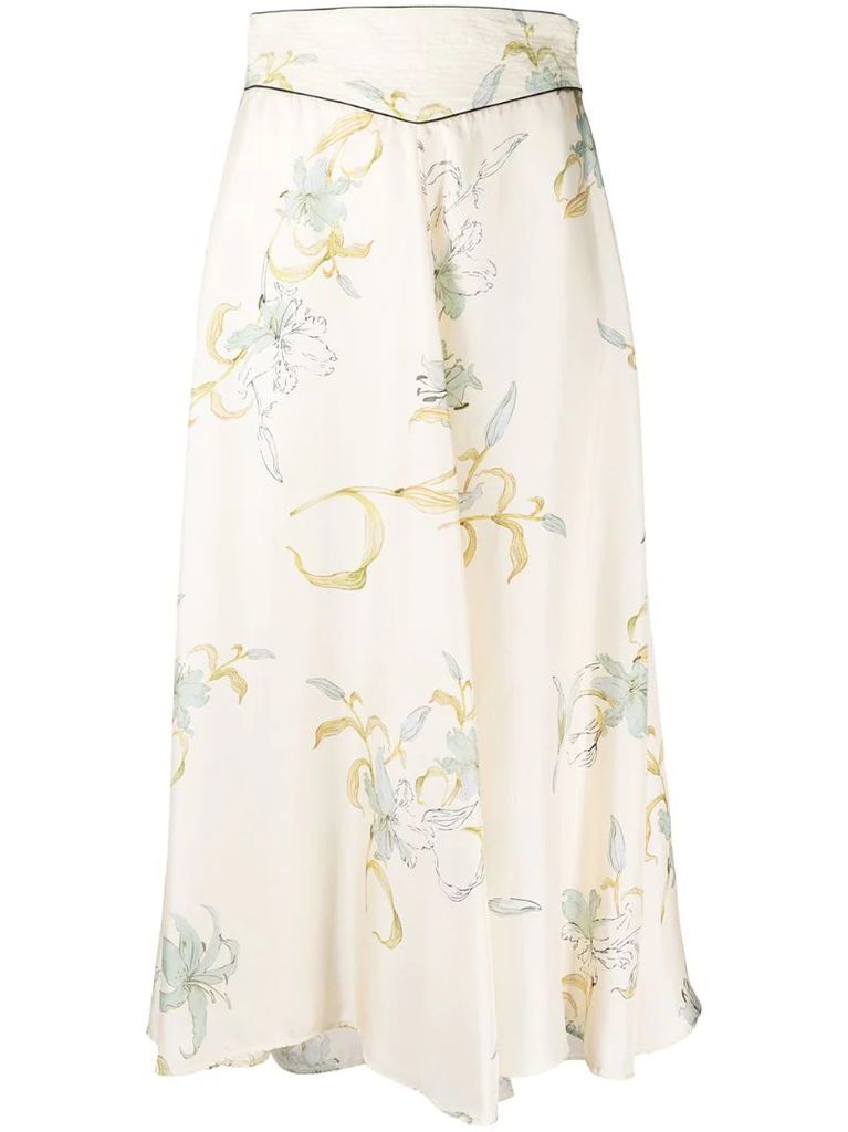 floral-print silk midi skirt