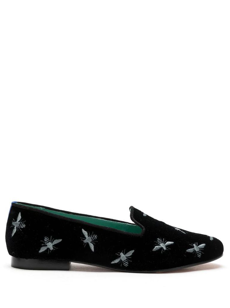 embroidered bee motif velvet loafers