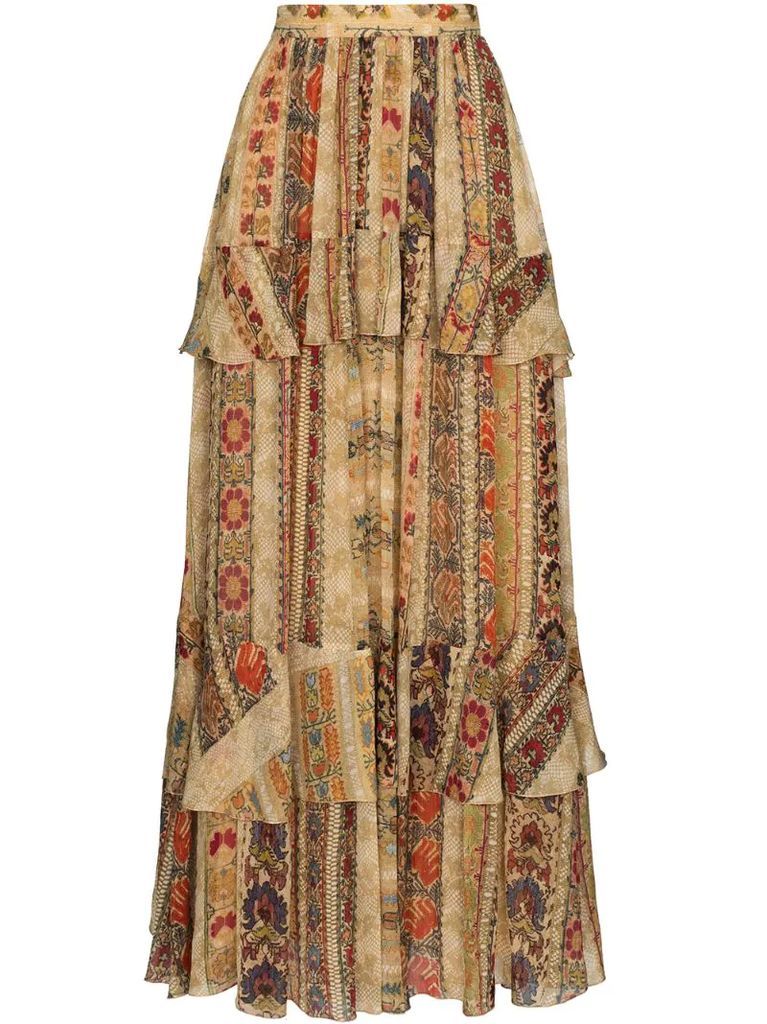 tapestry print silk maxi skirt