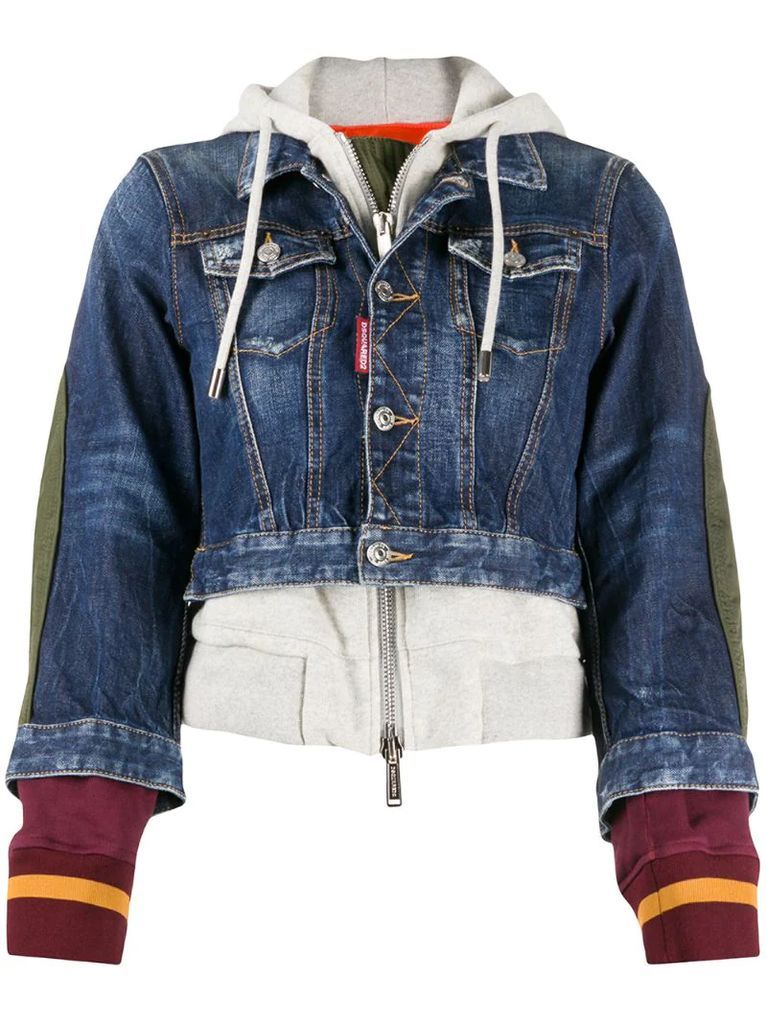 denim hooded bomber coat